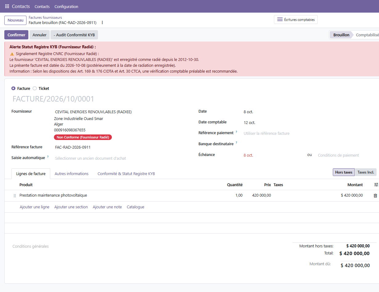Audit temporel d'une facture d'achat fournisseur dans Odoo